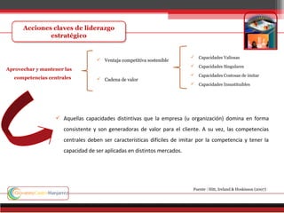 Aprovechar y mantener las
competencias centrales
 Ventaja competitiva sostenible
 Cadena de valor
 Capacidades Valiosas
 Capacidades Singulares
 Capacidades Costosas de imitar
 Capacidades Insustituibles
 Aquellas capacidades distintivas que la empresa (u organización) domina en forma
consistente y son generadoras de valor para el cliente. A su vez, las competencias
centrales deben ser características difíciles de imitar por la competencia y tener la
capacidad de ser aplicadas en distintos mercados.
Fuente : Hitt, Ireland & Hoskisson (2007)
 
