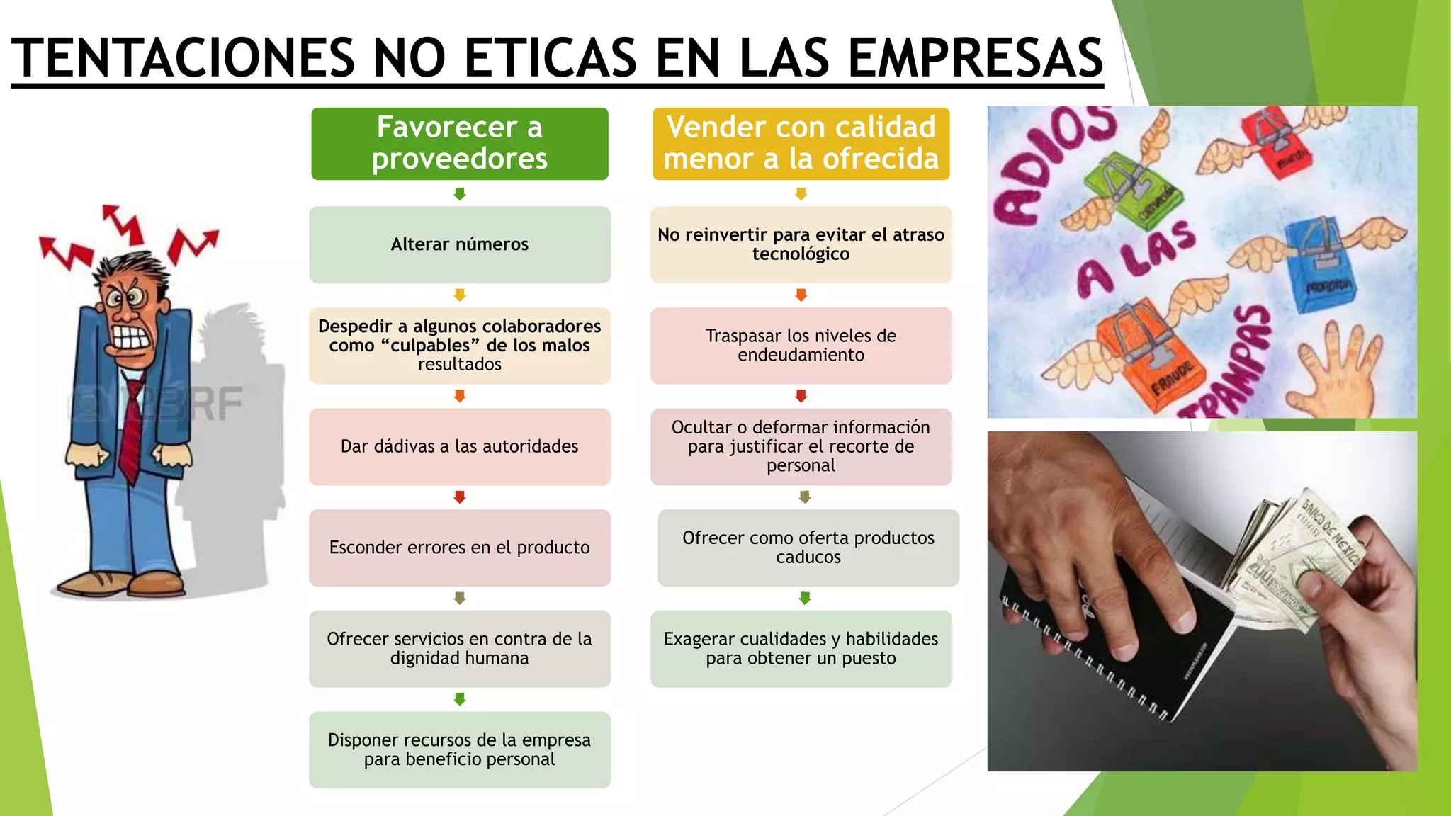 TENTACIONES NO ETICAS EN LAS EMPRESAS
Favorecer a
proveedores
Alterar números
Despedir a algunos colaboradores
como “culpables” de los malos
resultados
Dar dádivas a las autoridades
Esconder errores en el producto
Ofrecer servicios en contra de la
dignidad humana
Disponer recursos de la empresa
para beneficio personal
Vender con calidad
menor a la ofrecida
No reinvertir para evitar el atraso
tecnológico
Traspasar los niveles de
endeudamiento
Ocultar o deformar información
para justificar el recorte de
personal
Ofrecer como oferta productos
caducos
Exagerar cualidades y habilidades
para obtener un puesto
 