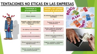 TENTACIONES NO ETICAS EN LAS EMPRESAS
Favorecer a
proveedores
Alterar números
Despedir a algunos colaboradores
como “culpables” de los malos
resultados
Dar dádivas a las autoridades
Esconder errores en el producto
Ofrecer servicios en contra de la
dignidad humana
Disponer recursos de la empresa
para beneficio personal
Vender con calidad
menor a la ofrecida
No reinvertir para evitar el atraso
tecnológico
Traspasar los niveles de
endeudamiento
Ocultar o deformar información
para justificar el recorte de
personal
Ofrecer como oferta productos
caducos
Exagerar cualidades y habilidades
para obtener un puesto
 