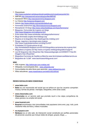 Liderazgo de las mujeres en las redes 2.0
A. Bertomeu
Plazandreok
http://www.euskalnet.net/plazandreok/castellano/principal/granportal.htm
/AMFARAMFAR http://plazasenred.es/social/pg/profile
Asociación Mirra http://asociacionmirra.blogspot.com/
Lur Gozoa http://lurgozoa.blogspot.com
Aldarte http://www.aldarte.org/cas/site/default.asp
/Feministas autónomas http://feministautonoma.blogspot.com
.com/topic/feminismo/Recopilación 43 blogs http://www.networkedblogs
Blogueras. Comunidad de mujeres con blogs
http://www.bloggeras.com/categoria.html
Entre todas http://www.entretodas.net/categoria/feminismo/
Blogs feministas (inglés) feministblogs.org/
Mujeres en la blogosfera tp://beatrizgarrido.nireblog.com/
d
sfera-carrenense-de-mujeres.html
gs/blogosfera?page=6
/07/11/las-50-
Blogosfera Feminista de Castilla-La Mancha www.feministasencastillalamancha.es
Blogosfera de “LCsB”. www.laschicassonblogueras.com/
IKI
lias.net/
ht
Rouge, negocios y tecnología para mujeres
http://www.mujeresdeempresa.com/blog/?p=637
Enredadas 2.0 Construyamos la re
http://enredadas20.blogspot.com/2010/03/blogo
Blogosfera e.mujeres.net http://www.e-mujeres.net/blo
Las 50 blogueras más influyentes http://despuesdegoogle.com/2008
bloggers-mas-influyentes/
W
Wiki mujeres, http://wikimujer.com.mia
lopedia libre, www.wikipedia.org/Wikipedia, la encic
Comunidades de wikis libres para aprender, www.wikilearning.com
Wikis educativas. www.maestroteca.com/wikis-educativas/
DES SOCIALES MÁS CONOCIDASE
enfoca en que los usuarios compartan
música, formas de pensar, mensajes, fotografías, entre otras cosas.
mpañeros de
red social.
iles de fotos y videos musicales.
R
www.bebo.com
Bebo es una reconocida red social que se
www.classmates.com
Classmates es un servicio web que promete reunir a los viejos co
clase gracias a su amplia
www.buzznet.com
Buzznet encontrarás a las comunidades más populares como emo, pop, rock, punk
mediante m
es.myspace.com
MySpace es un sitio web, de interacción social constituido por perfiles personales
de personas usuarias que incluye redes de amigos, grupos, blogs, ...
8
 