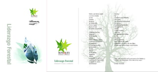 Volví a mi tierra verde   Es ésa
                         y ya no estaba            tu
                         ya no                     conducta de soldado,
                         estaba                    son ésos
                         la tierra,                tus deberes rumorosos
                         se había ido.             de poeta,
                         Con el agua               tu plenitud profunda
                         hacia el mar              de ingeniero,
                         se había marchado         raíces,
                                                   copas verdes,
                         Chilenos de hoy,          otra vez
                         araucas                   las iglesias del follaje,
                         de la lejanía,            y con
                         ahora,                    el canto
                         ahora mismo, ahora,       de la pajarería,
                         a detener el hambre       que volverá del cielo,
                         de mañana,                regresará a la boca de tus hijos
                         a renovar la selva        el pan que ahora huye con la tierra.
                         prometida,
                         el pan
                         futuro
                         de la patria
                         angosta!
                         Ahora
                         a establecer raíces,      Oda a la erosión en la provincia de Malleco
                         a plantar la esperanza,
Liderazgo Forestal       a sujetar la rama
                                                   (Nuevas odas elementales. Tercer libro de las odas.)

ROBERTO IPINZA CARMONA   al territorio!            Pablo Neruda
 