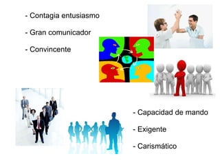 - Contagia entusiasmo   - Gran comunicador   - Convincente - Capacidad de mando   - Exigente   - Carismático 