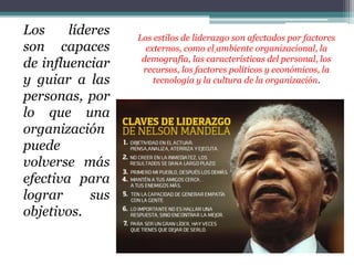 Los líderes
son capaces
de influenciar
y guiar a las
personas, por
lo que una
organización
puede
volverse más
efectiva para
lograr sus
objetivos.
Los estilos de liderazgo son afectados por factores
externos, como el ambiente organizacional, la
demografía, las características del personal, los
recursos, los factores políticos y económicos, la
tecnología y la cultura de la organización.
 