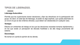 Liderazgo Autocrático
Permite que los supervisores tomen decisiones y fijen las directrices sin la participación del
grupo. Es decir, en este tipo de liderazgo, el poder es algo explícito, que queda plasmado en
un rol en el que se dan órdenes directas y que deben ser obedecidas en cualquier caso.
Ventajas
Efectivo en ambientes de trabajo en los que las decisiones necesitan tomarse rápidamente y
en los que existe un percepción de elevada hostilidad o de alto riesgo proveniente del
exterior.
Desventajas
No toman en cuenta la opinión de los demás.
TIPOS DE LIDERAZGO.
 