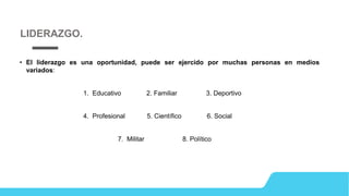 • El liderazgo es una oportunidad, puede ser ejercido por muchas personas en medios
variados:
1. Educativo 2. Familiar 3. Deportivo
4. Profesional 5. Científico 6. Social
7. Militar 8. Político
LIDERAZGO.
 