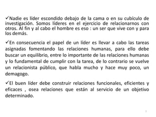 Nadie es líder escondido debajo de la cama o en su cubículo de
investigación. Somos líderes en el ejercicio de relacionarnos con
otros. Al fin y al cabo el hombre es eso : un ser que vive con y para
los demás.
En consecuencia el papel de un líder es llevar a cabo las tareas
asignadas fomentando las relaciones humanas, para ello debe
buscar un equilibrio, entre lo importante de las relaciones humanas
y lo fundamental de cumplir con la tarea, de lo contrario se vuelve
un relacionista público, que habla mucho y hace muy poco, un
demagogo.
El buen líder debe construir relaciones funcionales, eficientes y
eficaces , osea relaciones que están al servicio de un objetivo
determinado.
3
 