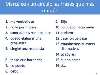 Marcá con un círculo las frases que más
                utilizás
1. me vuelvo loco              9. Elijo
2. no lo permitirán            10.no puedo hacer nada
3. controlo mis sentimientos   11.prefiero
4. puedo elaborar una          12.pase lo que pase
   propuesta                   13.examinemos nuestras
5. elegiré una respuesta          alternativas
                               14.yo soy así
6. tengo que hacer eso         15.puedo optar
7. no puedo                    16.si...
8. debo                                                 18
 