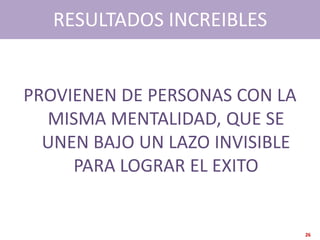RESULTADOS INCREIBLES


PROVIENEN DE PERSONAS CON LA
  MISMA MENTALIDAD, QUE SE
  UNEN BAJO UN LAZO INVISIBLE
     PARA LOGRAR EL EXITO


                                26
 