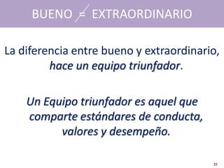 BUENO = EXTRAORDINARIO

La diferencia entre bueno y extraordinario,
         hace un equipo triunfador.

    Un Equipo triunfador es aquel que
    comparte estándares de conducta,
          valores y desempeño.

                                         27
 