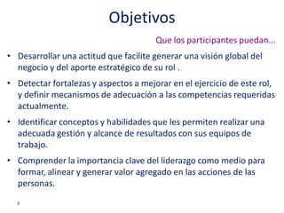 Objetivos
                                       Que los participantes puedan...
• Desarrollar una actitud que facilite generar una visión global del
  negocio y del aporte estratégico de su rol .
• Detectar fortalezas y aspectos a mejorar en el ejercicio de este rol,
  y definir mecanismos de adecuación a las competencias requeridas
  actualmente.
• Identificar conceptos y habilidades que les permiten realizar una
  adecuada gestión y alcance de resultados con sus equipos de
  trabajo.
• Comprender la importancia clave del liderazgo como medio para
  formar, alinear y generar valor agregado en las acciones de las
  personas.
  3
 