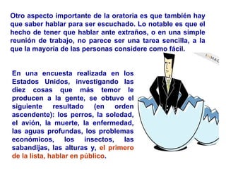 Otro aspecto importante de la oratoria es que también hay
que saber hablar para ser escuchado. Lo notable es que el
hecho de tener que hablar ante extraños, o en una simple
reunión de trabajo, no parece ser una tarea sencilla, a la
que la mayoría de las personas considere como fácil.
En una encuesta realizada en los
Estados Unidos, investigando las
diez cosas que más temor le
producen a la gente, se obtuvo el
siguiente resultado (en orden
ascendente): los perros, la soledad,
el avión, la muerte, la enfermedad,
las aguas profundas, los problemas
económicos, los insectos, las
sabandijas, las alturas y, el primero
de la lista, hablar en público.
 