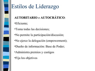 Estilos de Liderazgo
AUTORITARIO o AUTOCRÁTICO:
AUTOCRÁTICO
•Eficiente;
•Toma todas las decisiones;
•No permite la participación/discusión;
•No ejerce la delegación (empowerment);
•Dueño de información: Base de Poder;
•Administra premios y castigos
•Fija los objetivos

 