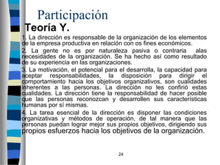 24 
Participación 
Teoría Y. 
 1. La dirección es responsable de la organización de los elementos 
de la empresa productiva en relación con os fines económicos. 
 2. La gente no es por naturaleza pasiva o contraria alas 
necesidades de la organización. Se ha hecho así como resultado 
de su experiencia en las organizaciones. 
 3. La motivación, el potencial para el desarrolla, la capacidad para 
aceptar responsabilidades, la disposición para dirigir el 
comportamiento hacia los objetivos organizativos, son cualidades 
inherentes a las personas. La dirección no les confirió estas 
cualidades. La dirección tiene la responsabilidad de hacer posible 
que las personas reconozcan y desarrollen sus características 
humanas por sí mismas. 
 4. La tarea esencial de la dirección es disponer las condiciones 
organizativas y métodos de operación, de tal manera que las 
personas puedan lograr mejor sus propios objetivos, dirigiendo sus 
propios esfuerzos hacia los objetivos de la organización. 
 