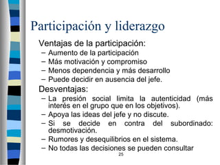 Participación y liderazgo 
 Ventajas de la participación: 
– Aumento de la participación 
– Más motivación y compromiso 
– Menos dependencia y más desarrollo 
– Puede decidir en ausencia del jefe. 
25 
 Desventajas: 
– La presión social limita la autenticidad (más 
interés en el grupo que en los objetivos). 
– Apoya las ideas del jefe y no discute. 
– Si se decide en contra del subordinado: 
desmotivación. 
– Rumores y desequilibrios en el sistema. 
– No todas las decisiones se pueden consultar 
 
