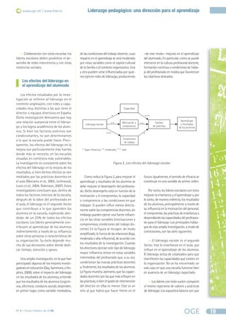 Nº 1 • Enero-Febrero de 2010 
Liderazgo pedagógico: una dirección para el aprendizaje 
19 
www.oge.net / www.feae.es 
— Colaboración con otras escuelas: los 
líderes escolares deben posibilitar el de-sarrollo 
de redes intercentros y con otras 
instancias sociales. 
Los efectos del liderazgo en 
el aprendizaje del alumnado 
Los efectos estudiados por la inves-tigación 
se refieren al liderazgo en el 
contexto anglosajón, con roles y capa-cidades 
muy distintas a las que tiene el 
director o equipos directivos en España. 
Dicha investigación demuestra que hay 
una relación sustancial entre el lideraz-go 
y los logros académicos de los alum-nos. 
Si bien los factores externos son 
condicionantes, no son determinantes 
a lo que la escuela puede hacer. Preci-samente, 
los efectos del liderazgo en la 
mejora son particularmente más fuertes 
donde más se necesita, en las escuelas 
situadas en contextos más vulnerables. 
La investigación es consistente sobre los 
efectos del liderazgo en la mejora de los 
resultados, si bien dichos efectos se ven 
mediados por las prácticas docentes en 
el aula (Marzano et al., 2005; Leithwood, 
Louis et al., 2004; Robinson, 2007). Estos 
investigadores concluyen que, dentro de 
todos los factores internos de la escuela, 
después de la labor del profesorado en 
el aula, el liderazgo es el segundo factor 
que contribuye a lo que aprenden los 
alumnos en la escuela, explicando alre-dedor 
de un 25% de todos los efectos 
escolares. Los líderes generalmente con-tribuyen 
al aprendizaje de los alumnos 
indirectamente, a través de su influencia 
sobre otras personas o características de 
su organización. Su éxito depende mu-cho 
de sus decisiones sobre dónde dedi-car 
tiempo, atención y apoyo. 
Una amplia investigación, en la que han 
participado algunos de los mejores investi-gadores 
en educación (Day, Sammons, y Ho-pkins, 
2009), sobre el impacto del liderazgo 
en los resultados de los alumnos, entiende 
que los resultados de los alumnos (cogniti-vos, 
afectivos, conducta social), dependen, 
en primer lugar, como variable mediadora, 
de las condiciones del trabajo docente, cuyo 
impacto en el aprendizaje se verá moderado 
por otras variables como el capital cultural 
de la familia o el contexto organizativo. Una 
y otra pueden verse influenciadas por quie-nes 
ejercen roles de liderazgo, produciendo 
–de este modo– mejoras en el aprendizaje 
del alumnado. En particular, cómo se puede 
intervenir en la cultura profesional docente, 
formación continua o condiciones de traba-jo 
del profesorado en modos que favorezcan 
los objetivos deseados. 
Condiciones 
de trabajo 
Figura 2. Los efectos del liderazgo escolar 
Como indica la Figura 2, para mejorar el 
aprendizaje y resultados de los alumnos se 
debe mejorar el desempeño del profesora-do. 
Dicho desempeño está en función de la 
motivación y el compromiso, la capacidad 
o competencia y las condiciones en que 
trabajan. Si pueden influir menos directa-mente 
sobre las competencias docentes, sin 
embargo pueden ejercer una fuerte influen-cia 
en las otras variables (motivaciones y 
compromisos, condiciones del trabajo do-cente). 
En la Figura se recogen, de modo 
simplificado, la fuerza de las relaciones (baja, 
moderada o alta influencia), de acuerdo con 
los resultados de la investigación. Cuando 
los directores ejercían este tipo de liderazgo 
mayor influencia tenían en estas variables 
intermedias del profesorado que, a su vez, 
condicionan las nuevas prácticas docentes 
y, finalmente, los resultados de los alumnos. 
La Figura muestra, asimismo, que las capaci-dades 
docentes son las que más influyen en 
las prácticas, si bien el grado de intervención 
del director en ellas es menor. Este es un 
reto al que habrá que hacer frente en el 
futuro. Igualmente, el sentido de eficacia se 
constituye en una variable de primer orden. 
Por tanto, los líderes escolares con éxito 
mejoran la enseñanza y el aprendizaje y, por 
lo tanto, de manera indirecta, los resultados 
de los alumnos, principalmente a través de 
su influencia en la motivación del personal, 
el compromiso, las prácticas de enseñanza y 
desarrollando las capacidades del profesora-do 
para el liderazgo. Los principales hallaz-gos 
de esta amplia investigación, a modo de 
conclusiones, son las siete siguientes: 
— El liderazgo escolar es el segundo 
factor, tras la enseñanza en el aula, que 
influye en el aprendizaje de los alumnos. 
El liderazgo actúa de catalizador para que 
manifiesten las capacidades que existen en 
la organización. No se ha encontrado un 
solo caso en que una escuela funcione bien 
en ausencia de un liderazgo capacitado. 
—Los líderes con éxito suelen compartir 
el mismo repertorio de valores y prácticas 
de liderazgo. Los supuestos básicos son que 
Capacidad 
* 
* * 
* * * 
* * * 
* * 
* 
*: baja influencia, * *: moderada, * * *: alta 
Aprendizaje 
y resultados 
de los alumnos 
Liderazgo escolar 
Cambio 
de prácticas 
Motivación y 
compromiso 
 