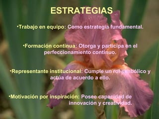 ESTRATEGIAS 
•Trabajo en equipo: Como estrategia fundamental. 
•Formación continua: Otorga y participa en el 
perfeccionamiento continuo. 
•Representante institucional: Cumple un rol simbólico y 
actúa de acuerdo a ello. 
•Motivación por inspiración: Posee capacidad de 
innovación y creatividad. 
 