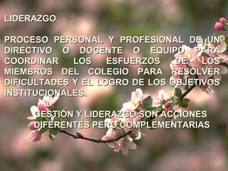 LLIIDDEERRAAZZGGOO 
PPRROOCCEESSOO PPEERRSSOONNAALL YY PPRROOFFEESSIIOONNAALL DDEE UUNN 
DDIIRREECCTTIIVVOO OO DDOOCCEENNTTEE OO EEQQUUIIPPOO PPAARRAA 
CCOOOORRDDIINNAARR LLOOSS EESSFFUUEERRZZOOSS DDEE LLOOSS 
MMIIEEMMBBRROOSS DDEELL CCOOLLEEGGIIOO PPAARRAA RREESSOOLLVVEERR 
DDIIFFIICCUULLTTAADDEESS YY EELL LLOOGGRROO DDEE LLOOSS OOBBJJEETTIIVVOOSS 
IINNSSTTIITTUUCCIIOONNAALLEESS.. 
GGEESSTTIIÓÓNN YY LLIIDDEERRAAZZGGOO SSOONN AACCCCIIOONNEESS 
DDIIFFEERREENNTTEESS PPEERROO CCOOMMPPLLEEMMEENNTTAARRIIAASS 
 