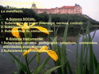Grupo de aprendizaje 
1.Estructura. Invariantes: 
Lo manifiesto. 
A.Sistema SOCIAL. 
1. Subsistema de poder (liderazgo, normas, control). 
2. Subsistemas de roles. 
3. Subsistemas de comunicación. 
B.Sistema Instrumental. 
1.Subsistema técnico pedagógico (objetivos, contenidos, 
actividades, evaluaciones). 
2.Subsistema de producción. 
 