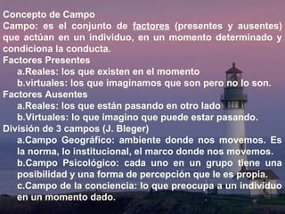 Concepto de Campo 
Campo: es el conjunto de factores (presentes y ausentes) 
que actúan en un individuo, en un momento determinado y 
condiciona la conducta. 
Factores Presentes 
a.Reales: los que existen en el momento 
b.virtuales: los que imaginamos que son pero no lo son. 
Factores Ausentes 
a.Reales: los que están pasando en otro lado 
b.Virtuales: lo que imagino que puede estar pasando. 
División de 3 campos (J. Bleger) 
a.Campo Geográfico: ambiente donde nos movemos. Es 
la norma, lo institucional, el marco donde nos movemos. 
b.Campo Psicológico: cada uno en un grupo tiene una 
posibilidad y una forma de percepción que le es propia. 
c.Campo de la conciencia: lo que preocupa a un individuo 
en un momento dado. 
 