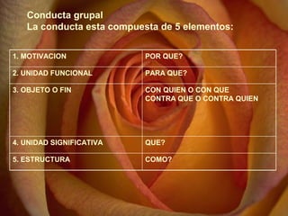 Conducta grupal 
La conducta esta compuesta de 5 elementos: 
1. MOTIVACION POR QUE? 
2. UNIDAD FUNCIONAL PARA QUE? 
3. OBJETO O FIN CON QUIEN O CON QUE 
CONTRA QUE O CONTRA QUIEN 
4. UNIDAD SIGNIFICATIVA QUE? 
5. ESTRUCTURA COMO? 
 