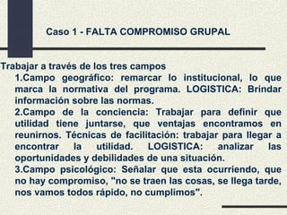 Caso 1 - FALTA COMPROMISO GRUPAL 
Trabajar a través de los tres campos 
1.Campo geográfico: remarcar lo institucional, lo que 
marca la normativa del programa. LOGISTICA: Brindar 
información sobre las normas. 
2.Campo de la conciencia: Trabajar para definir que 
utilidad tiene juntarse, que ventajas encontramos en 
reunirnos. Técnicas de facilitación: trabajar para llegar a 
encontrar la utilidad. LOGISTICA: analizar las 
oportunidades y debilidades de una situación. 
3.Campo psicológico: Señalar que esta ocurriendo, que 
no hay compromiso, "no se traen las cosas, se llega tarde, 
nos vamos todos rápido, no cumplimos". 
 