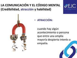 LA COMUNICACIÓN Y EL CÓDIGO MENTAL
(Credibilidad, atracción y habilidad)


                    • ATRACCIÓN:

                      cuando hay algún
                      acontecimiento o persona
                      que entre una amplia
                      mayoría despierta interés o
                      empatía.
 