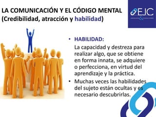 LA COMUNICACIÓN Y EL CÓDIGO MENTAL
(Credibilidad, atracción y habilidad)

                    • HABILIDAD:
                      La capacidad y destreza para
                      realizar algo, que se obtiene
                      en forma innata, se adquiere
                      o perfecciona, en virtud del
                      aprendizaje y la práctica.
                    • Muchas veces las habilidades
                      del sujeto están ocultas y es
                      necesario descubrirlas.
 