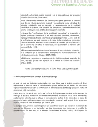 f c o i d ie s
                                                       a t ra e d a
                                                      C nr d Etdo A d lcs
                                                       e t e s is n a e
                                                          o   u       u


          procedente del contacto directo personal y de la desencadenada por procesos
          indirectos de comunicación de masas.
          • Las características definitorias del carisma puro apenas persisten: el carisma
          pasa de una relación puramente personal y extraordinaria a una estructura de
          autoridad establecida, que no depende ya necesariamente de la cualidad
          carismática en cuestión. Los procesos de rutinización y despersonalización del
          carisma constituyen, pues, ámbitos de investigación preferente.
          • Desvelar las "ramificaciones de la sensibilidad carismática", la propensión a
          imputar cualidades carismáticas a los roles seculares ordinarios, instituciones,
          objetos y símbolos culturales, y estratos o agregados de personas. (....). Se parte de
          la verificación de que está presente en la rutina de la sociedad una propensión
          carismática mediata, atenuada, institucionalizada; de tal modo que se puede decir
          que el carisma no sólo altera el orden social, sino que también lo mantiene y lo
          conserva (Shills, 1965).
          • El carisma representa la otra cara de la moneda de los movimientos populistas,
          en el sentido de que el líder carismático desempeña una “función catalizadora” de
          este tipo de movimientos (Worsley, [1967], 1980)
          • El liderazgo carismático es un estilo específico de liderazgo ligado a períodos de
          crisis, idea ésta que se suele expresar con la rúbrica de "carisma de situación"
          (Willner, 1984).


                Fuente: Elaboración propia a partir de Martín Arranz (1987) y Willner (1984)



5. Hacia una aproximación al concepto de estilo de liderazgo


A pesar de que las tipologías contempladas son muy útiles para el análisis empírico al dirigir
normalmente la atención hacia el comportamiento político efectivo de los líderes, no conocemos
explicaciones sistemáticas sobre la conformación de diferentes estilos de liderazgo (excepción hecha del
denominado estilo carismático).
Como no podía de ser de otro modo por razón de la fragmentación reinante en los estudios de
liderazgo, el esfuerzo analítico se ha centrado sencillamente en estudiar una o varias dimensiones
predominantes sobre las que se articula el comportamiento político de los líderes (con el objeto de
construir tipologías unidimensionales o pluridimensionales, según el caso), a partir de un no siempre
explícito concepto de estilo de liderazgo que sirve de guía.
En cualquier caso, creemos razonable pensar que los distintos factores que inciden en el desarrollo de
procesos de liderazgo y, en particular, las tres dimensiones que conforman el modelo de
comportamiento del líder (esto es, la adopción de decisiones, el trabajo político y la búsqueda de




                                                                                                     15
 