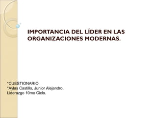IMPORTANCIA DEL LÍDER EN LAS 
ORGANIZACIONES MODERNAS. 
*CUESTIONARIO. 
*Aylas Castillo, Junior Alejandro. 
Liderazgo 10mo Ciclo. 
 