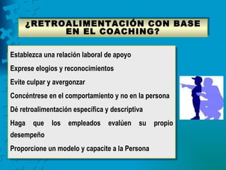 ¿RETROALIMENTACIÓN CON BASE
           EN EL COACHING?

Establezca una relación laboral de apoyo
Exprese elogios y reconocimientos
Evite culpar y avergonzar
Concéntrese en el comportamiento y no en la persona
Dé retroalimentación específica y descriptiva
Haga   que    los   empleados    evalúen   su   propio
desempeño
Proporcione un modelo y capacite a la Persona
 