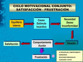 CICLO MOTIVACIONAL CONJUNTO:
         SATISFACCIÓN - FRUSTRACIÓN


                     Causa               Necesidad
     Equilibrio     Estímulo               Deseo
      interno       Incentivo          Inconformidad




                  Comportamiento               Tensión
Satisfacción
                     Acción

                                   ALTERACIÓN DEL COMPORTAMIENTO
                                   AGRESIVIDAD.
                   Frustración     REACCIONES EMOCIONALES.
                                   ALIENACIÓN Y APATÍA.
 