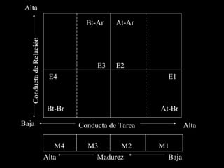 Alta Conducta de Tarea Conducta de Relación Baja Alta E1 E2 E3 E4 At-Br At-Ar Bt-Ar Bt-Br Madurez Baja Alta M1 M2 M3 M4 