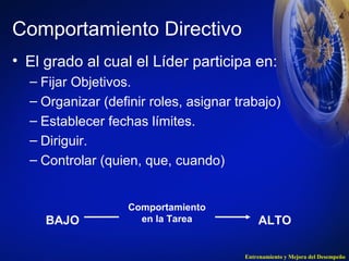 Comportamiento Directivo 
• El grado al cual el Líder participa en: 
– Fijar Objetivos. 
– Organizar (definir roles, asignar trabajo) 
– Establecer fechas límites. 
– Diriguir. 
– Controlar (quien, que, cuando) 
BAJO ALTO 
Entrenamiento y Mejora del Desempeño 
Comportamiento 
en la Tarea 
 