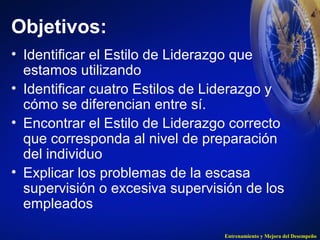 Objetivos: 
• Identificar el Estilo de Liderazgo que 
estamos utilizando 
• Identificar cuatro Estilos de Liderazgo y 
cómo se diferencian entre sí. 
• Encontrar el Estilo de Liderazgo correcto 
que corresponda al nivel de preparación 
del individuo 
• Explicar los problemas de la escasa 
supervisión o excesiva supervisión de los 
empleados 
Entrenamiento y Mejora del Desempeño 
 