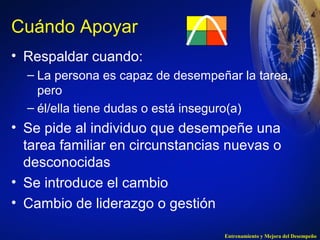 Cuándo Apoyar 
• Respaldar cuando: 
– La persona es capaz de desempeñar la tarea, 
pero 
– él/ella tiene dudas o está inseguro(a) 
• Se pide al individuo que desempeñe una 
tarea familiar en circunstancias nuevas o 
desconocidas 
• Se introduce el cambio 
• Cambio de liderazgo o gestión 
Entrenamiento y Mejora del Desempeño 
 