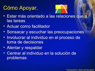 Cómo Apoyar. 
• Estar más orientado a las relaciones que a 
las tareas 
• Actuar como facilitador 
• Sonsacar y escuchar las preocupaciones 
• Involucrar al individuo en el proceso de 
toma de decisiones 
• Alentar y respaldar 
• Centrar al individuo en la solución de 
problemas 
Entrenamiento y Mejora del Desempeño 
 