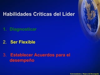 Habilidades Críticas del Líder 
Entrenamiento y Mejora del Desempeño 
1. Diagnosticar 
2. Ser Flexible 
3. Establecer Acuerdos para el 
desempeño 
 