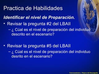 Practica de Habilidades 
Identificar el nivel de Preparación. 
• Revisar la pregunta #2 del LBAII 
– ¿ Cúal es el nivel de preparación del individuo 
Entrenamiento y Mejora del Desempeño 
descrito en el escenario? 
• Revisar la pregunta #5 del LBAII 
– ¿ Cúal es el nivel de preparación del individuo 
desrito en el escenario? 
 