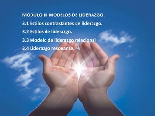 MÓDULO III MODELOS DE LIDERAZGO.
3.1 Estilos contrastantes de liderazgo.
3.2 Estilos de liderazgo.
3.3 Modelo de liderazgo relacional
3.4 Liderazgo resonante.
 