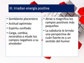 III. Irradian energía positiva
• Semblante placentero
• Actitud optimista
• Espíritu confiado
• Carga, cambia,
neutraliza o elude los
campos negativos a su
alrededor
• Atrae o magnifica los
campos positivos más
pequeños
• La sabiduría le brinda
una perspectiva de
cuán fuerte es y un
sentido del humor
 