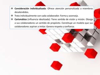  Consideración individualizada: Ofrece atención personalizada a miembros
desatendidos.
 Trata individualmente con cada colaborador. Forma y aconseja.
 Carismático (influencia idealizada): Tiene sentido de visión y misión. Otorga
a sus colaboradores un sentido de propósito. Constituye un modelo que sus
colaboradores aspiran a imitar. Genera respeto y confianza.
 