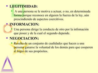 LEGITIMIDAD: A una persona se le motiva a actuar, o no, en determinada forma porque reconoce en alguien la fuerza de la ley, aún prescindiendo de aspectos coercitivos. INFORMACION: Una persona dirige la conducta de otro por la infomación que posee y de la cual el segundo depende. NEGOCIACION: Resulta de un conjunto de cualidades que hacen a una persona ganarse la voluntad de los demás para que cooperen al logro de sus propósitos. 