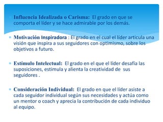 Influencia Idealizada o Carisma: El grado en que se
comporta el líder y se hace admirable por los demás.
 Motivación Inspiradora : El grado en el cual el líder articula una
visión que inspira a sus seguidores con optimismo, sobre los
objetivos a futuro.
 Estímulo Intelectual: El grado en el que el líder desafía las
suposiciones, estimula y alienta la creatividad de sus
seguidores .
 Consideración Individual: El grado en que el líder asiste a
cada seguidor individual según sus necesidades y actúa como
un mentor o coach y aprecia la contribución de cada individuo
al equipo.
 