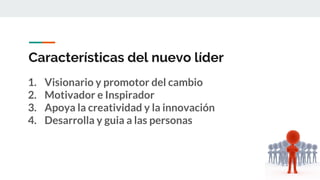 Características del nuevo líder
1. Visionario y promotor del cambio
2. Motivador e Inspirador
3. Apoya la creatividad y la innovación
4. Desarrolla y guia a las personas
 