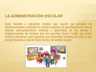 LA ADMINISTRACIÓN ESCOLAR
Cada docente y educando tendrán que asumir los procesos de
transformaciones, teniendo en cuenta el proceso de planificación de todo el
proceso acompañamiento continúo y sistemático en las labores e
implementación de factores que les permitan llevar a cabo una mejor
práctica educativa y por supuesto una evaluación continua de todo lo que
se esté llevando a vías de hecho dentro del ámbito escolar.
 