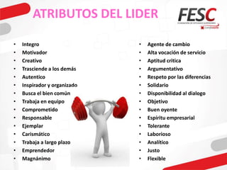 ATRIBUTOS DEL LIDER
• Integro
• Motivador
• Creativo
• Trasciende a los demás
• Autentico
• Inspirador y organizado
• Busca el bien común
• Trabaja en equipo
• Comprometido
• Responsable
• Ejemplar
• Carismático
• Trabaja a largo plazo
• Emprendedor
• Magnánimo
• Agente de cambio
• Alta vocación de servicio
• Aptitud critica
• Argumentativo
• Respeto por las diferencias
• Solidario
• Disponibilidad al dialogo
• Objetivo
• Buen oyente
• Espíritu empresarial
• Tolerante
• Laborioso
• Analítico
• Justo
• Flexible
 