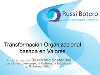 Transformación Organizacional
basada en Valores
Un camino para el Desarrollo Sostenible
basado en Liderazgo, la Cultura, la Experticia
y Gobernabilidad
 