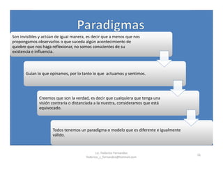 11
Son invisibles y actúan de igual manera, es decir que a menos que nos
propongamos observarlos o que suceda algún acontecimiento de
quiebre que nos haga reflexionar, no somos conscientes de su
existencia e influencia.
Guían lo que opinamos, por lo tanto lo que actuamos y sentimos.
Creemos que son la verdad, es decir que cualquiera que tenga una
visión contraria o distanciada a la nuestra, consideramos que está
equivocado.
Todos tenemos un paradigma o modelo que es diferente e igualmente
válido.
Lic. Federico Fernandez
federico_s_fernandez@hotmail.com
 