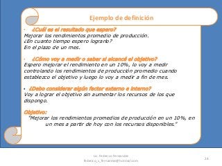 24
• ¿Cuál es el resultado que espero?
Mejorar los rendimientos promedio de producción.
¿En cuanto tiempo espero lograrlo?
En el plazo de un mes.
• ¿Cómo voy a medir o saber si alcancé el objetivo?
Espero mejorar el rendimiento en un 10%, lo voy a medir
controlando los rendimientos de producción promedio cuando
establezco el objetivo y luego lo voy a medir a fin de mes.
• ¿Debo considerar algún factor externo e interno?
Voy a lograr el objetivo sin aumentar los recursos de los que
dispongo.
Objetivo:
“Mejorar los rendimientos promedios de producción en un 10%, en
un mes a partir de hoy con los recursos disponibles.”
Ejemplo de definición
Lic. Federico Fernandez
federico_s_fernandez@hotmail.com
 