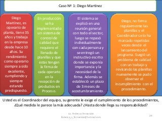 29
Caso Nª 1: Diego Martínez
Diego
Martínez, es
operario de
planta, tiene 35
años y trabaja
en la empresa
desde hace 10
años. Su
rendimiento
como operario
siempre a sido
excelente,
cumpliendo y
siempre
estando
predispuesto.
En producción
se ha
implementado
un sistema de
control de
calidad que
requiere el
llenado de
planillas y que
estas tengan
la firma de
cada operario
en la
recepción de
productos en
Proceso.
El sistema se
explicó en una
reunión general
con todo el sector,
luego se repasó
individualmente
con cada persona y
se entregó un
instructivo escrito
donde se exponía
importancia y la
necesidad de la
firma. Además se
estableció un plazo
de 3 meses de
acostumbramiento.
Diego, no firma
regularmente las
planillas y el
Coordinador se lo ha
marcado repetidas
veces desde el
lanzamiento del
programa. Surgió un
problema de calidad
con un trabajo y
revisando las planillas
nuevamente se pudo
observar el
incumplimiento con el
procedimiento.
Usted es el Coordinador del equipo, su gerente le exige el cumplimiento de los procedimientos,
¿Qué medida le parece la más adecuada? ¿Hasta donde llega su responsabilidad?
Lic. Federico Fernandez
federico_s_fernandez@hotmail.com
 